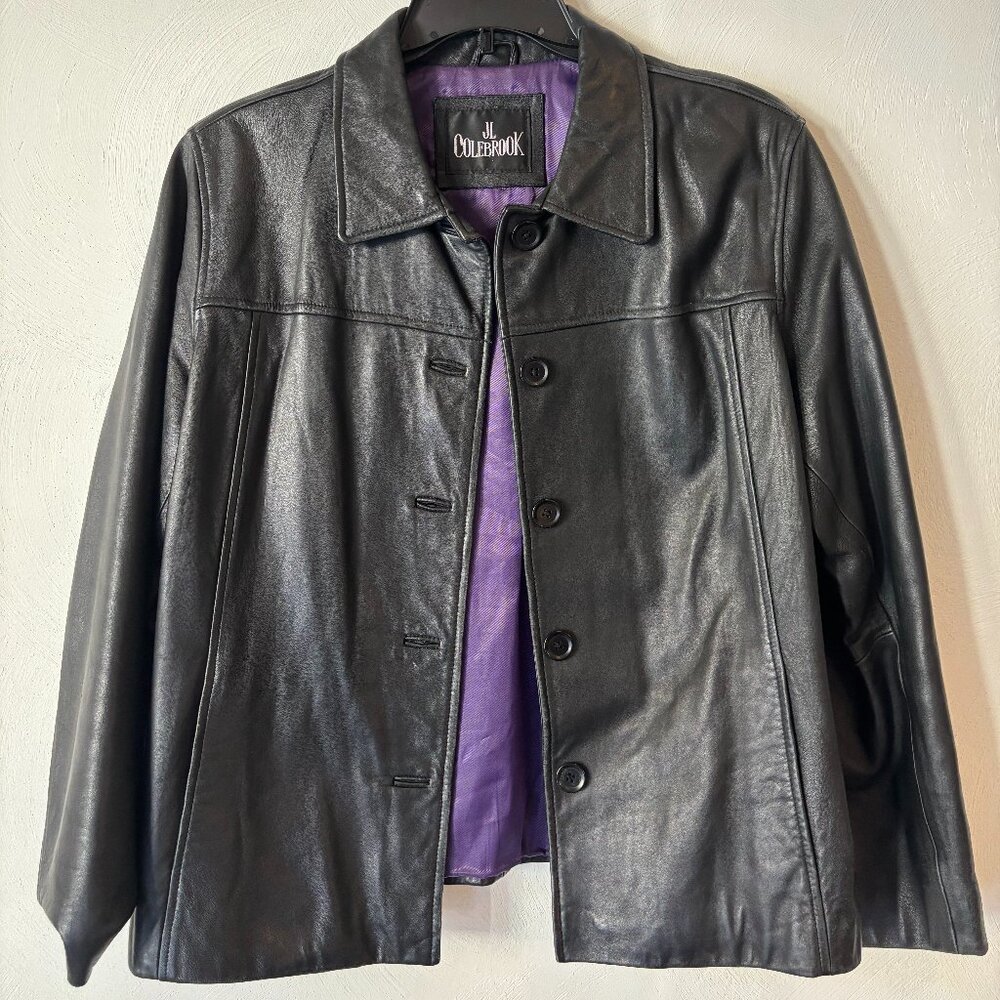 90s Genuine Black Leather Jacket, Classic Button-Up